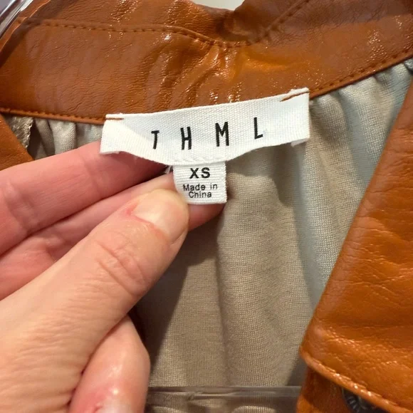 THML Womens Tan Button Down Shirt with Brown Faux Leather Collar - Picture 3 of 5